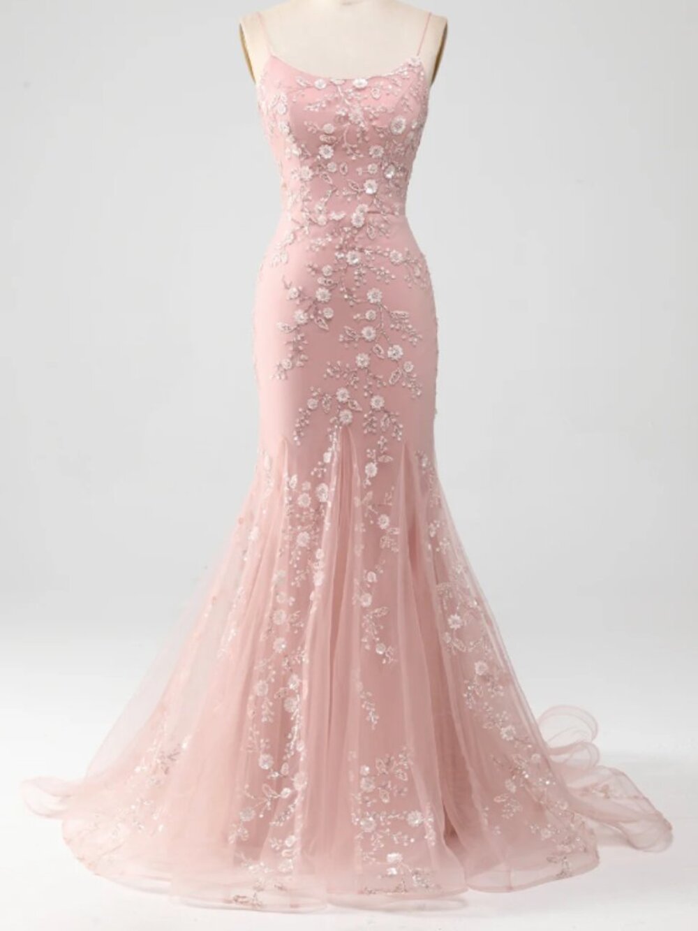 Mermaid Blush Pink Spaghetti Straps Prom Dress with Appliques & Tie Back